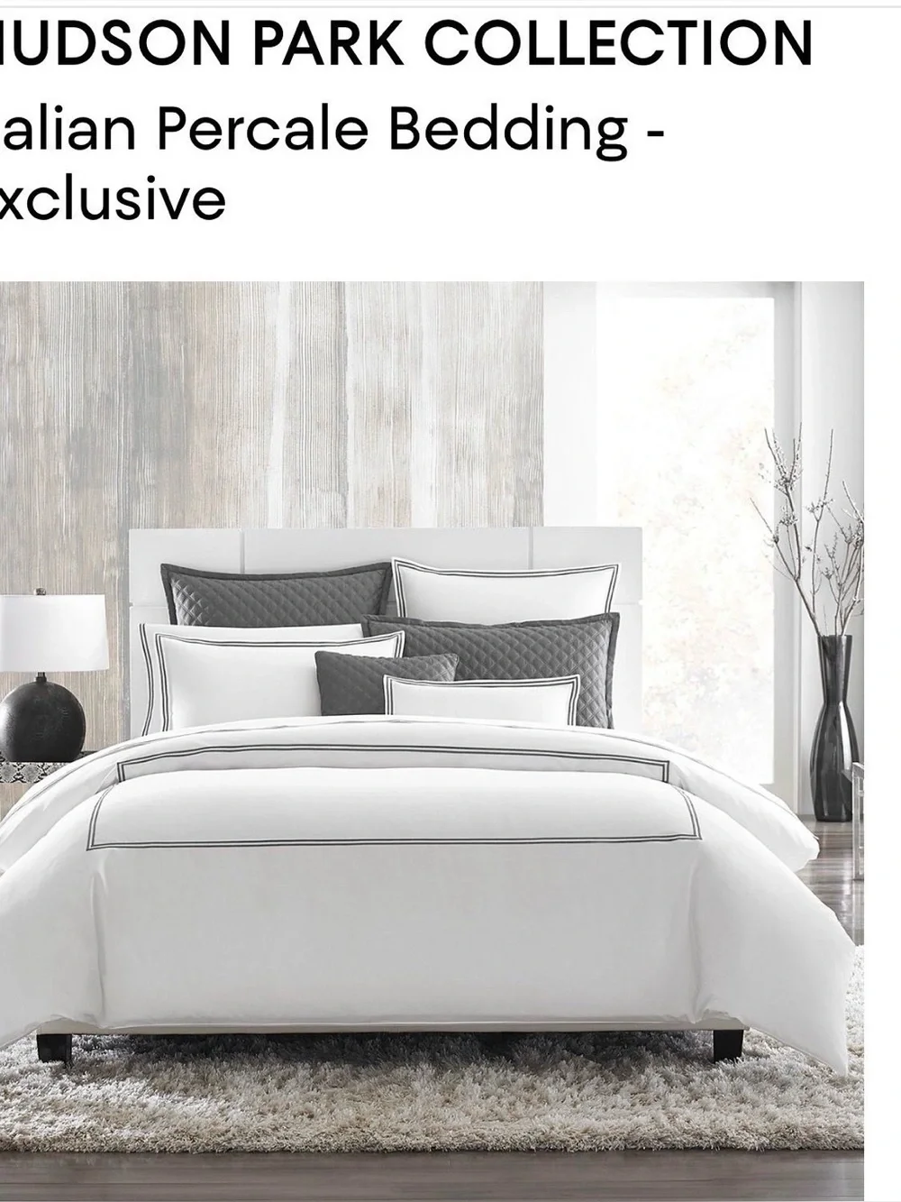 Hudson Park Collection White and Gray Italian Percale Queen Duvet & Shams
